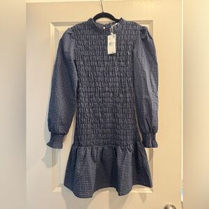 Mango Blue Checked Smocked Long-Sleeve Dress